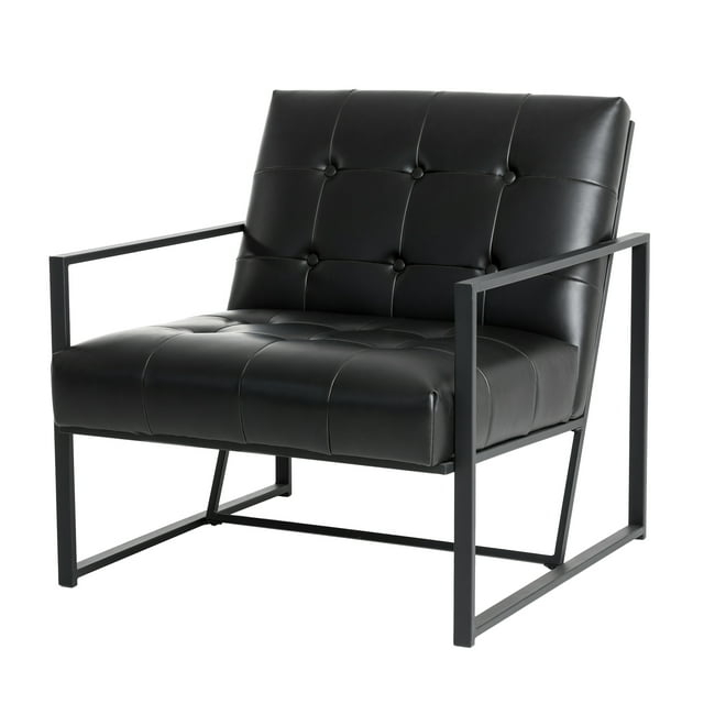 Glitzhome 31.50"H Accent Arm Chair PU Leather Button-tufted Ergonomic Chair with Black Metal Frame for Living Room Bedroom