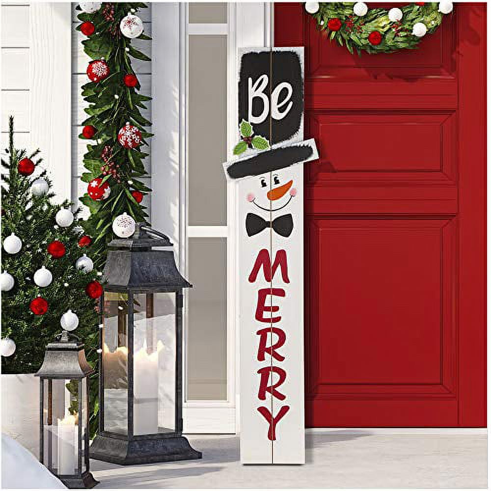 Glitzhome 42" H Wooden Welcome Sign Snowman Vertical Porch Sign Farmhouse Merry Hanging Signs Christmas Decorations for Front Door Wall Display
