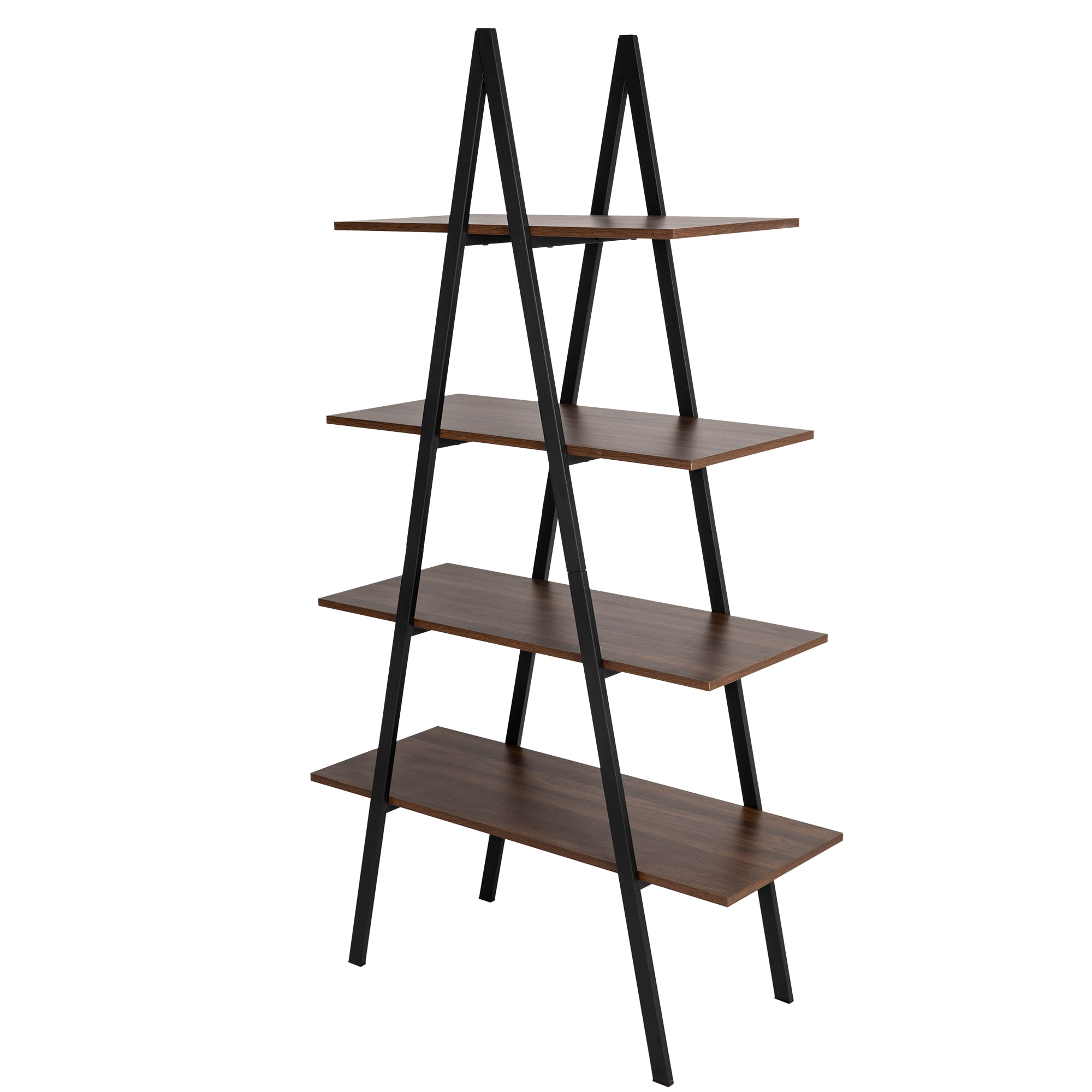 Glitzhome 64.5"H Modern Industry Wooden Oak Melamine 4-Tier Metal/ Wooden Leaning Bookcases & Ladder Shelves