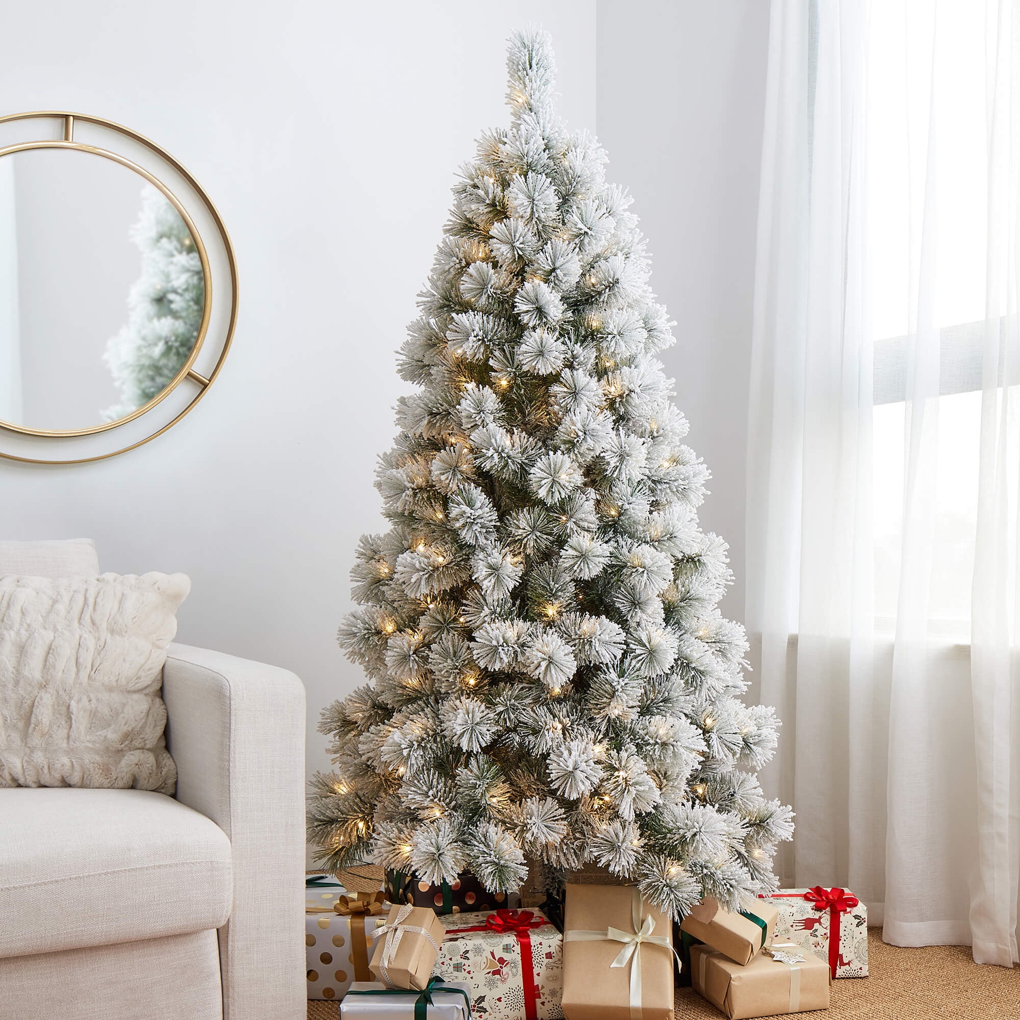 Glitzhome 6ft Pre-Lit Flocked Pencil Pine Artificial Christmas Tree with 300 Warm White Lights
