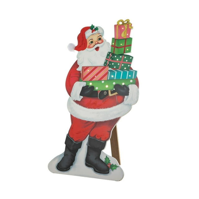 Glitzhome-Glitzhome 36"H Lighted Wooden Santa Gifts Porch Decor