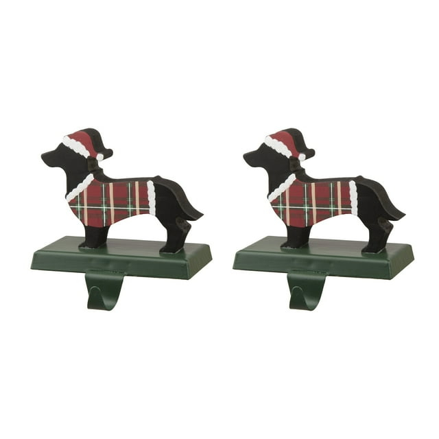 5.75" Green and Red Unique Wooden Dachshund Stocking Holder
