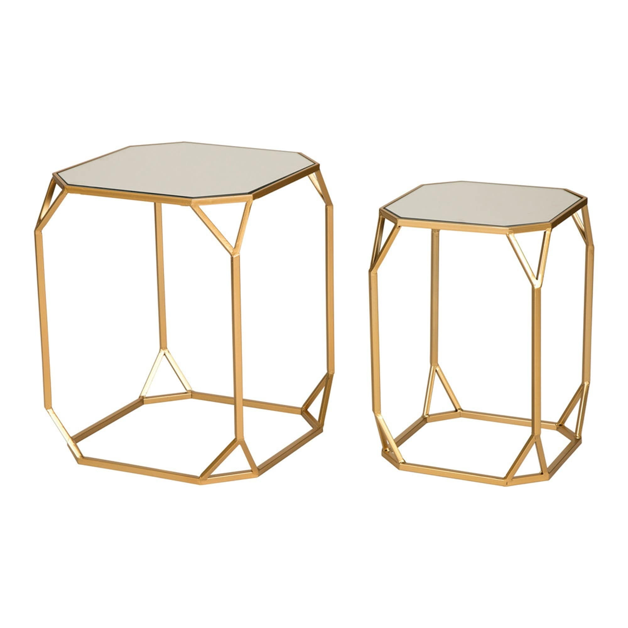 Glitzhome  Set of 2 Glam Glass Modern Side Table Sofa Table Octagon-Gold Octagon