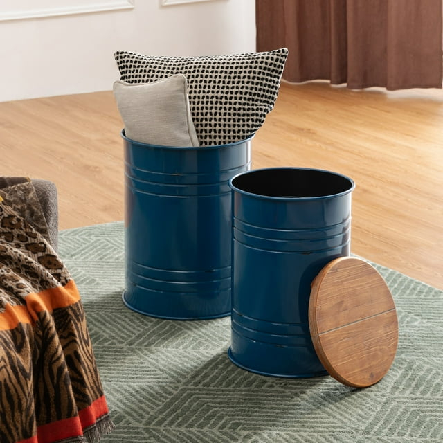 Glitzhome  Industrial Farmhouse Round Storage Side Tables (Set of 2) Solid Navy Blue Seating, Hidden Storage Side Tables