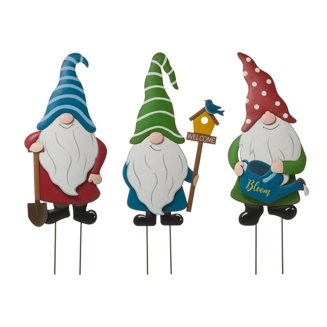 Glitzhome Set of 3 Metal Decorative Gnome Garden Stakes/Hanging Wall Decor Yard Art 36" Patio Backyard Ornaments
