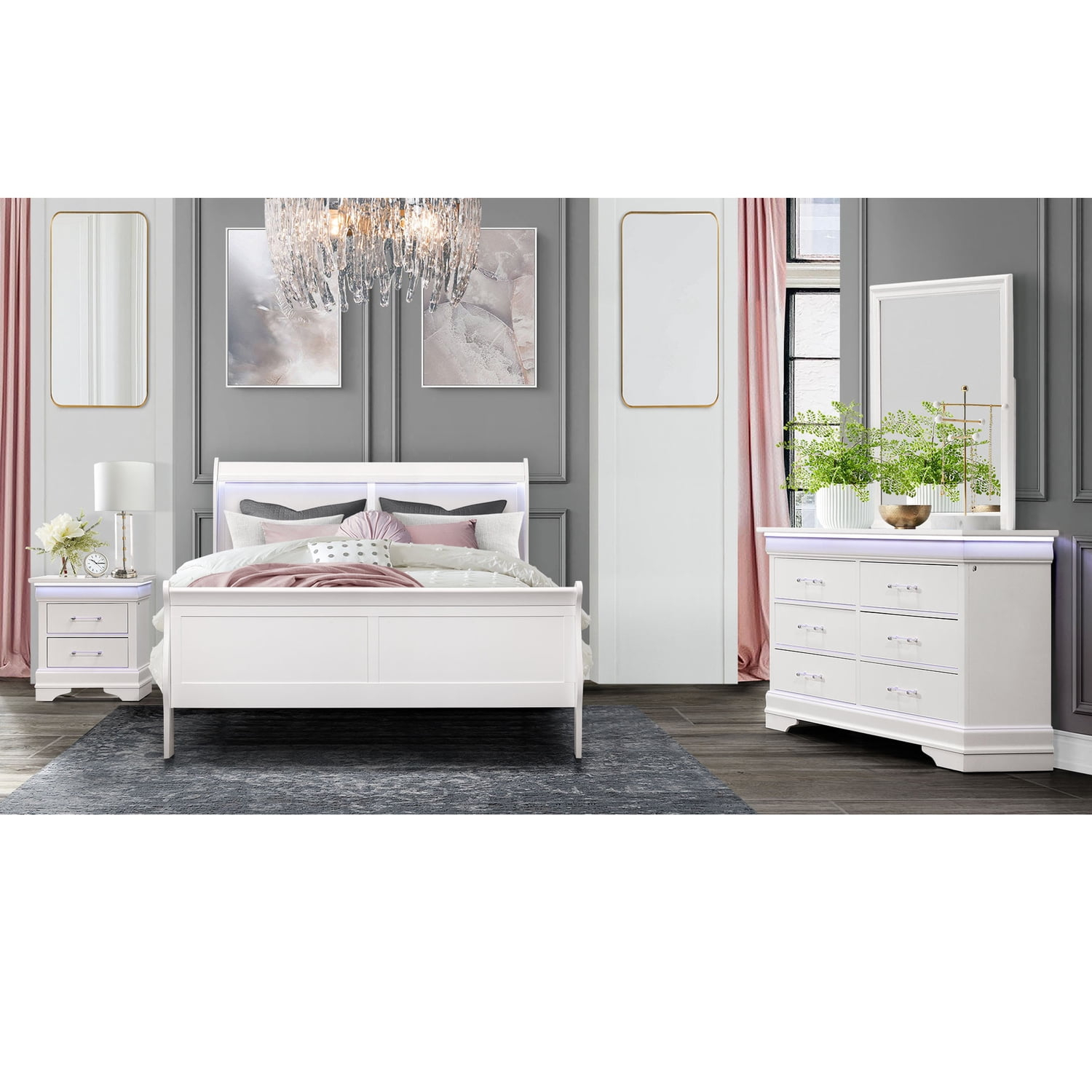 Global Furniture USA Charlie Traditional/Modern White Wood King Bed with LED