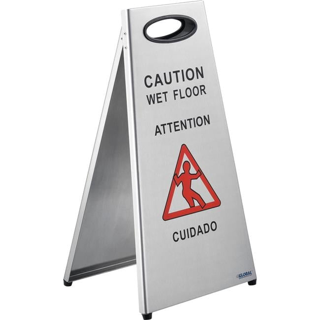 Global Industrial 641436 2 Sided Multi-Lingual - Caution Stainless Steel Floor Sign