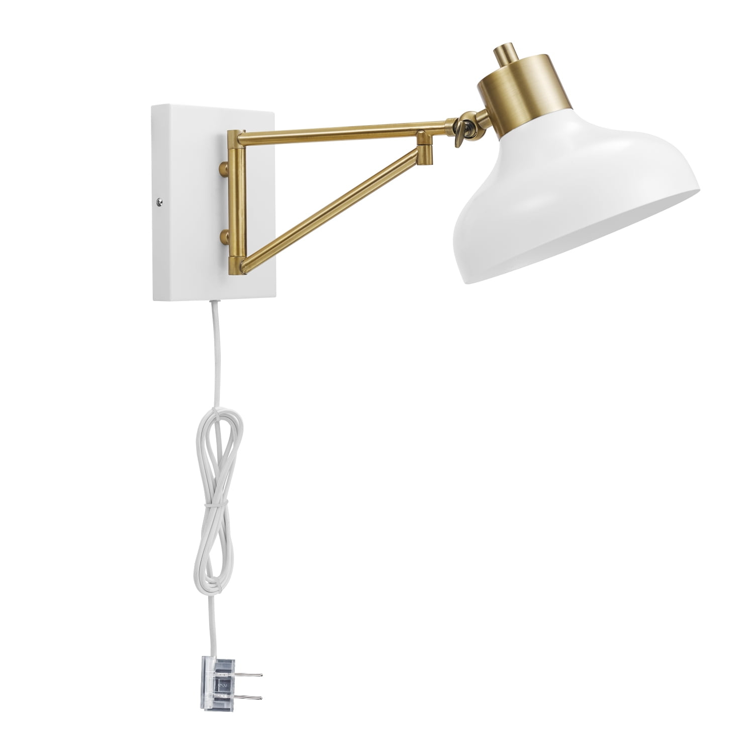 Globe Electric Berkeley 1-Light White and Brass Plug-in or Hardwire Swing Arm Indoor Wall Sconce