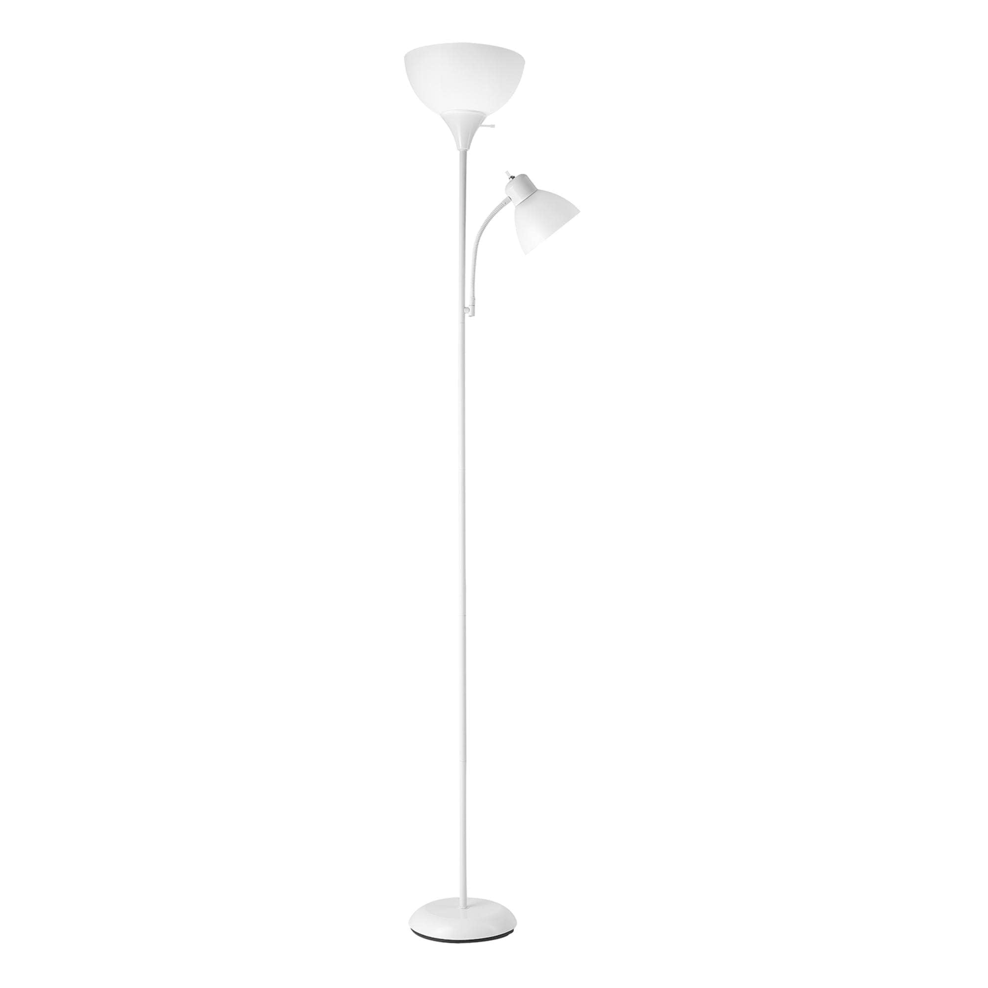 67136 72" Torchiere Floor Lamp + Adjustable Reading Light, Matte White, Frosted Plastic Shade, 3-Step Rotary Switch on Socket, Living Room Décor, Reading Light, Home Essentials