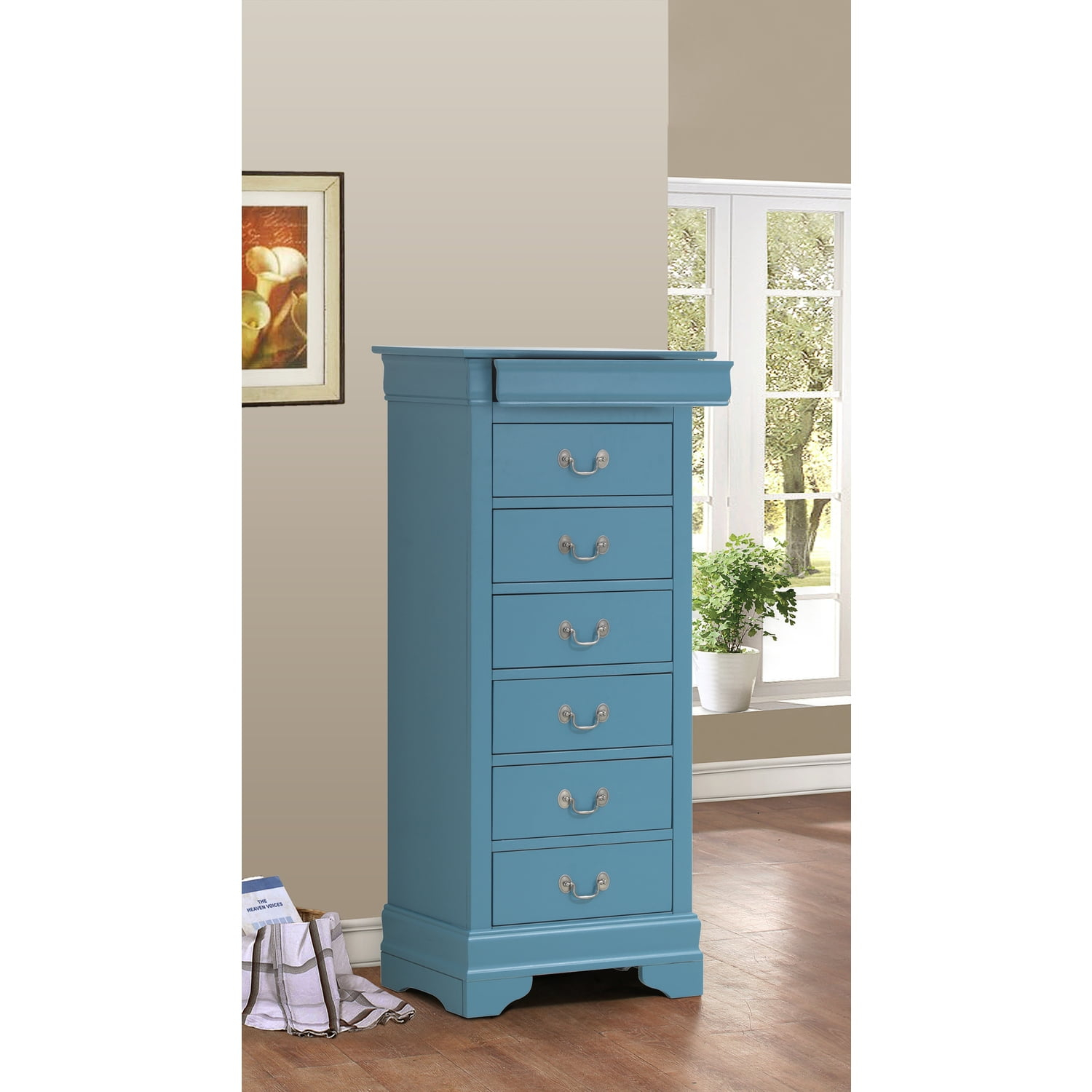 Glory Furniture Louis Phillipe 7 Drawer Lingerie Chest in Teal