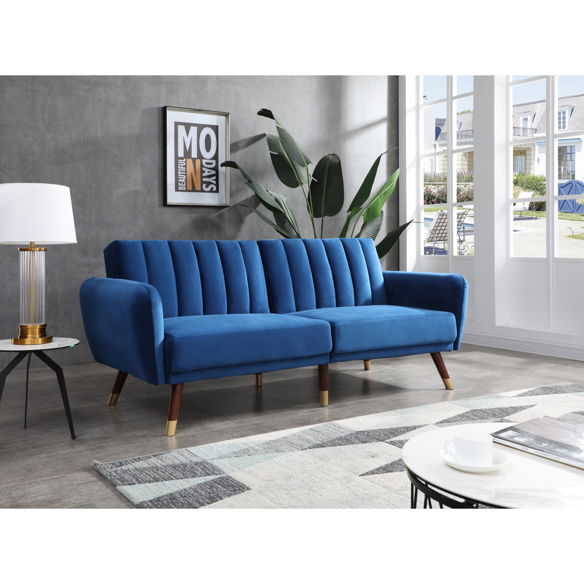 Glory Furniture Siena Velvet Upholstered Convertible Sofa in Navy Blue