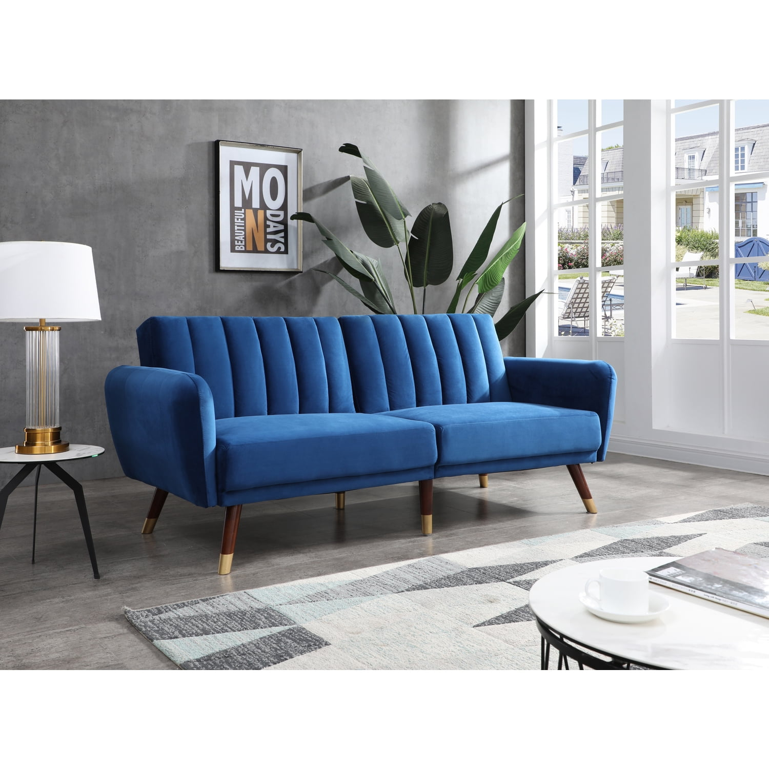 Glory Furniture Siena Velvet Upholstered Convertible Sofa in Navy Blue
