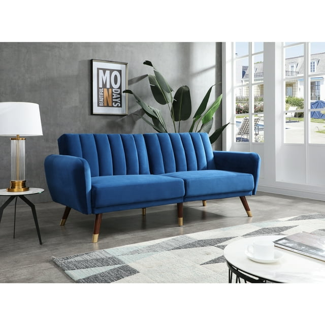 Glory Furniture Siena Velvet Upholstered Convertible Sofa in Navy Blue