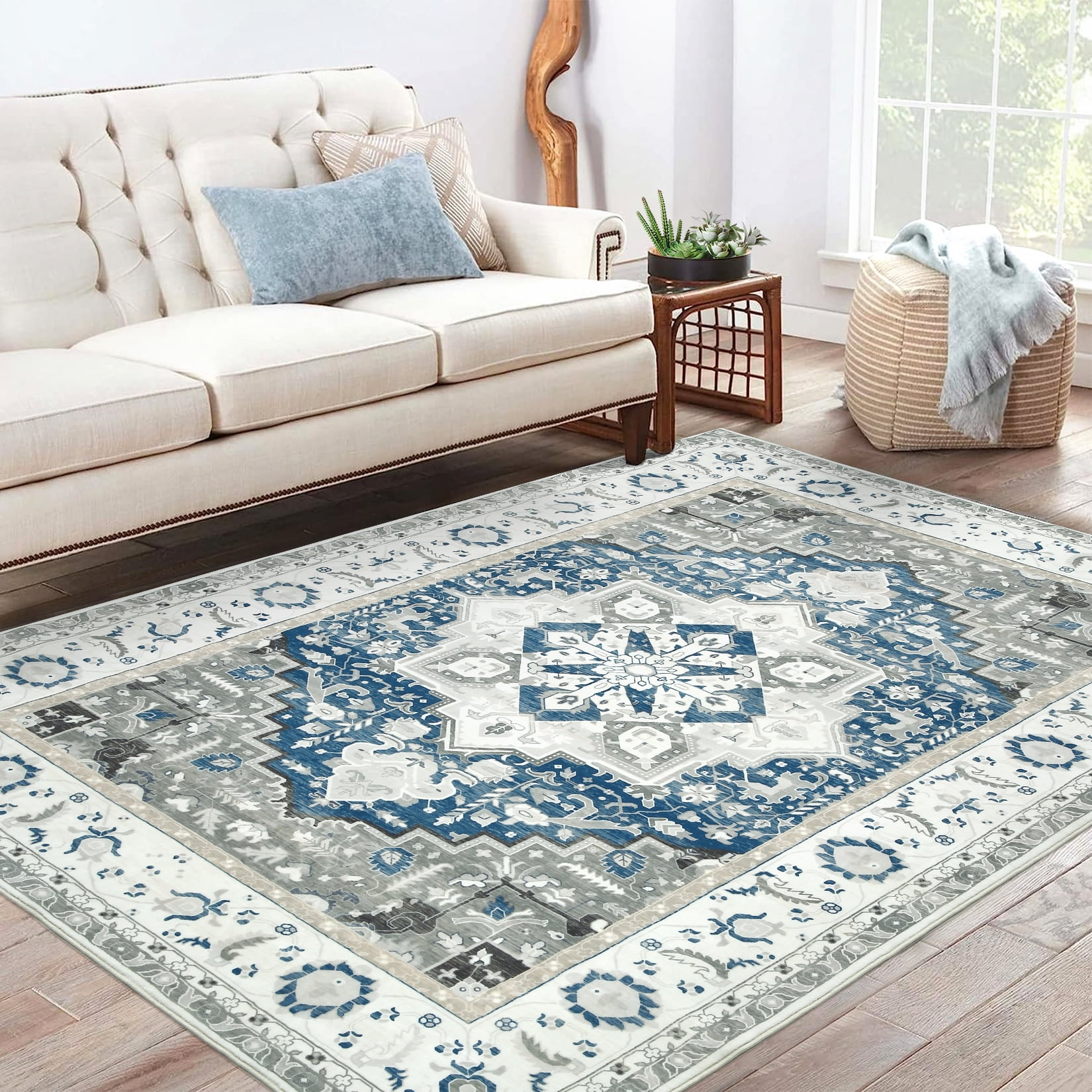 GlowSol 8x10 Floral Area Rug for Living Room Bedroom Retro Distressed Area Rug Traditional Medallion Non-Slip Low Pile Carpet Floor Decoration, Blue
