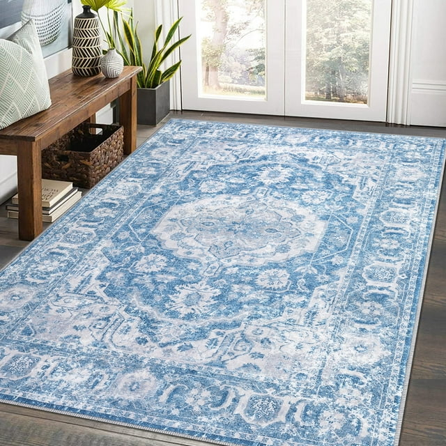 GlowSol 8x10 Floral Area Rug for Living Room Bedroom Retro Distressed Area Rug Traditional Medallion Non-Slip Low Pile Carpet Floor Decoration, Blue