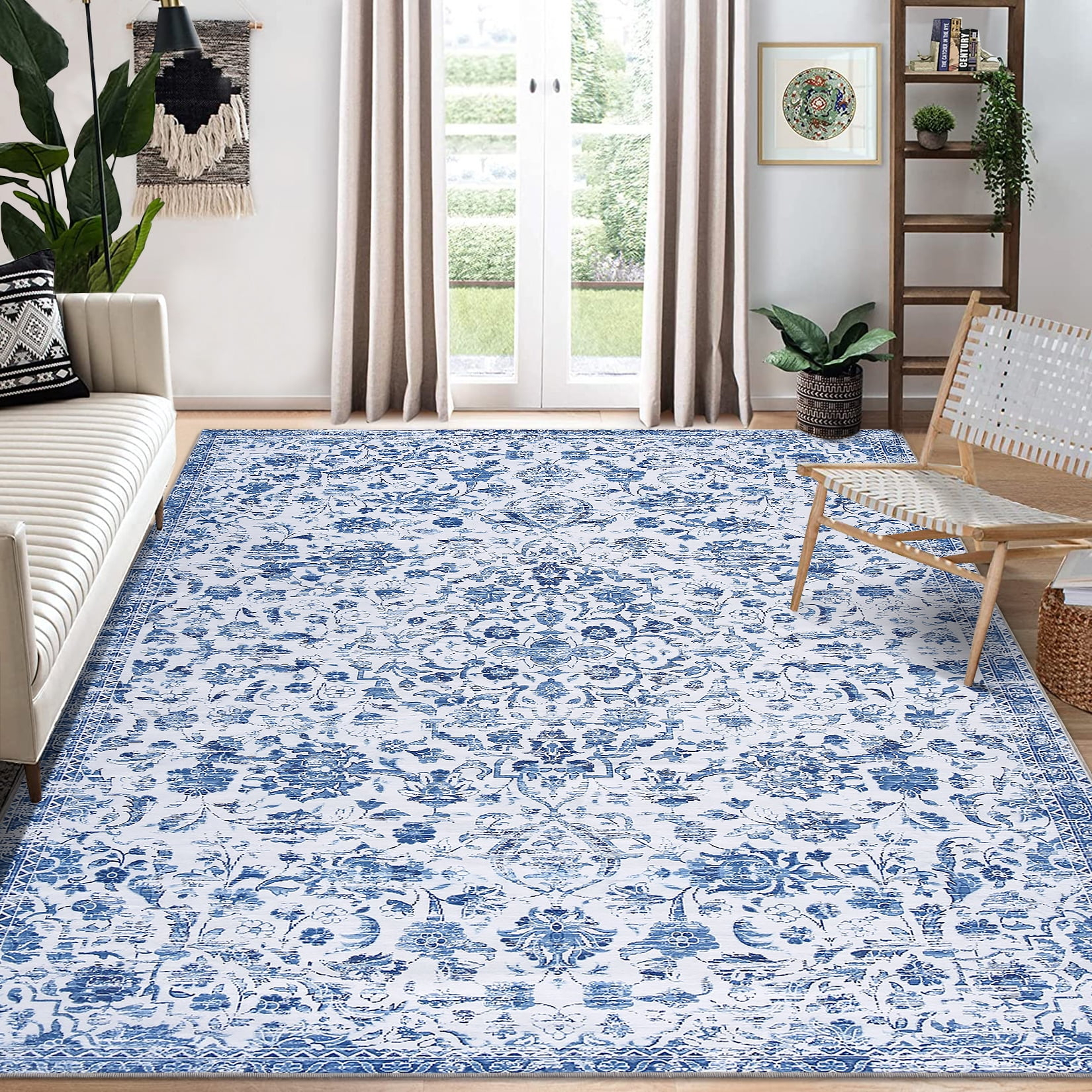 GlowSol 8x10 Floral Area Rug for Living Room Bedroom Retro Distressed Area Rug Traditional Medallion Non-Slip Low Pile Carpet Floor Decoration, Blue