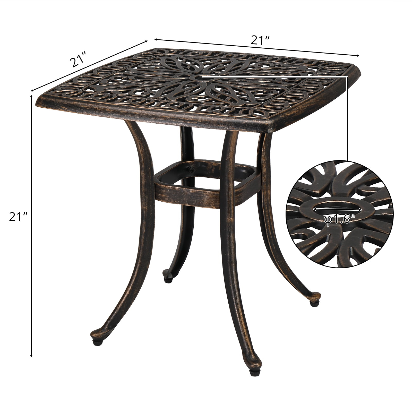 NintyFive 21 Inch Cast Aluminum Outdoor Side Table with Umbrella Hole, Anti-Rust Coffee Bistro Table for Outdoor, Patio, Garden, Porch, Balcony End Table (Square, Bronze)