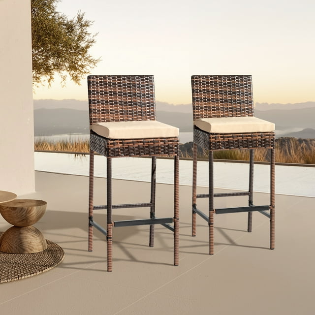 Kepooman Outdoor Bar Stool, 2 Pieces Patio Cushioned Wicker Barstools with Cozy Footrest-Set of 2