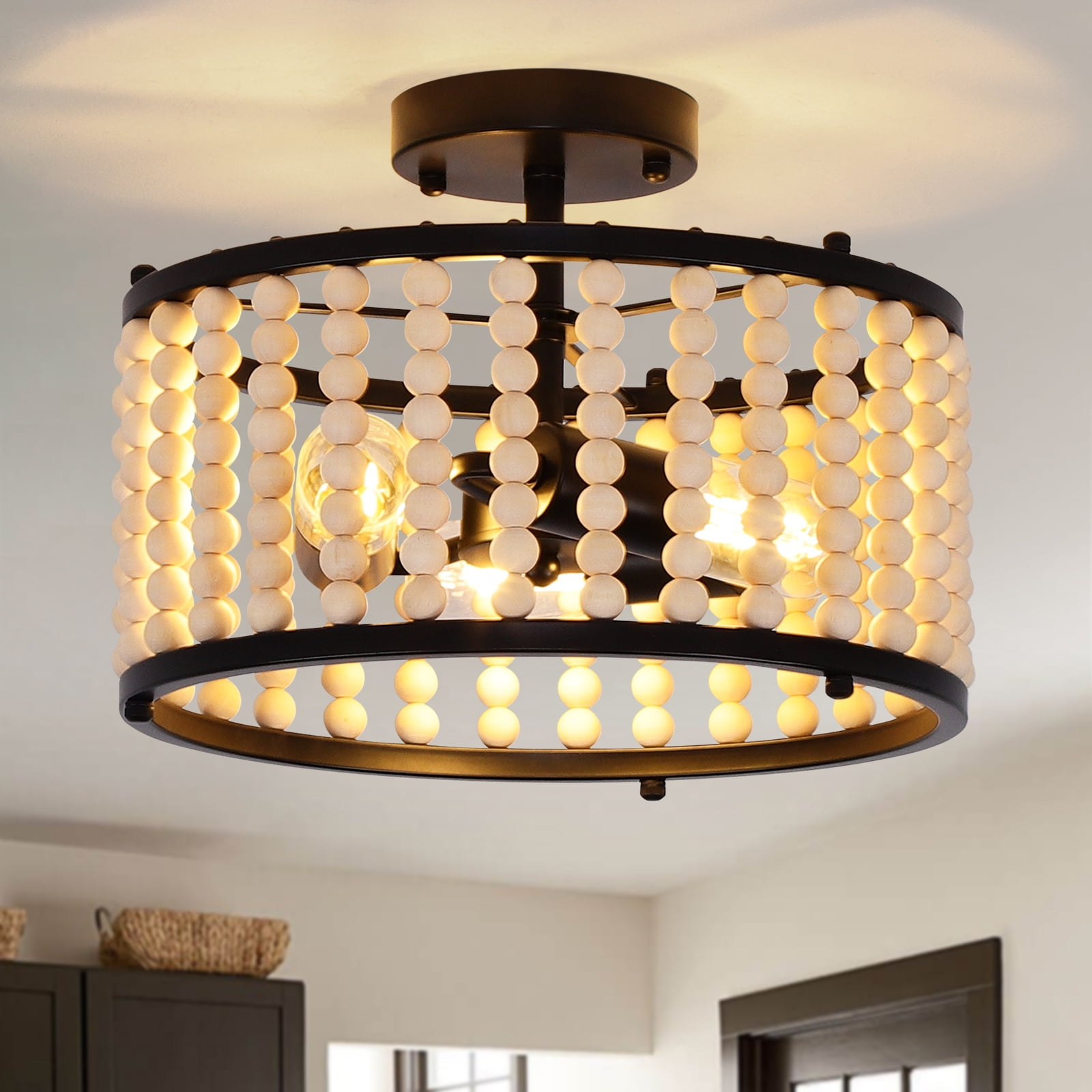 GoYeel Semi Flush Mount Ceiling Light Fixtures 3-Light Wooden Beaded Chandeliers Farmhouse Black