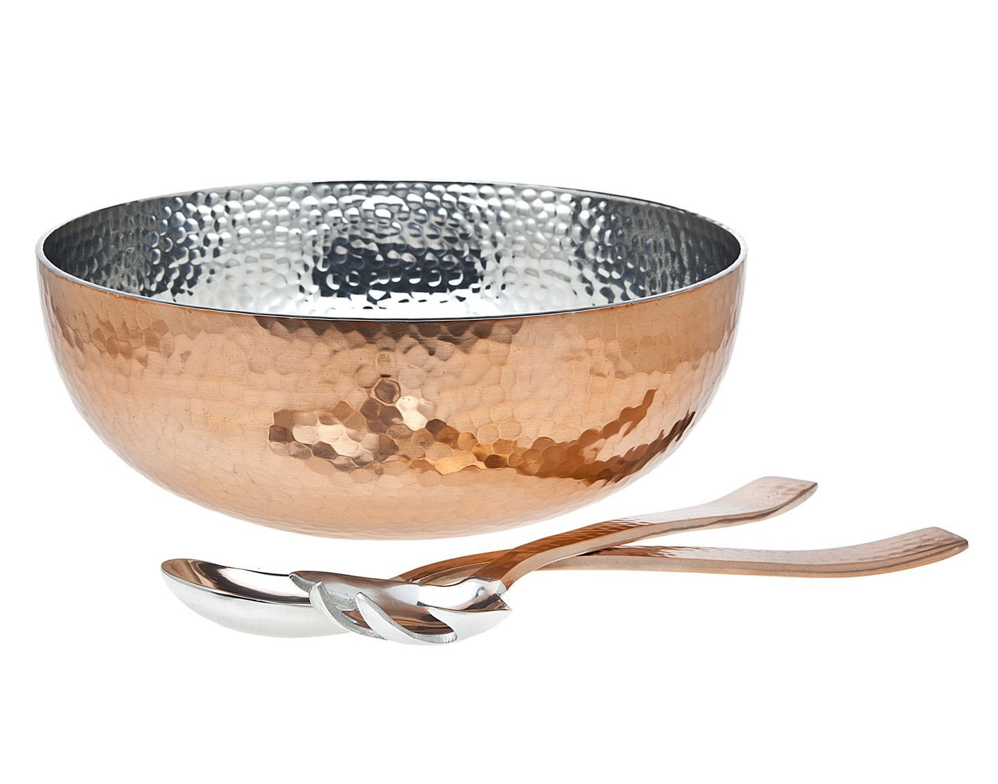 Classic Hammered Copper Salad Serving Bowl with Utensils