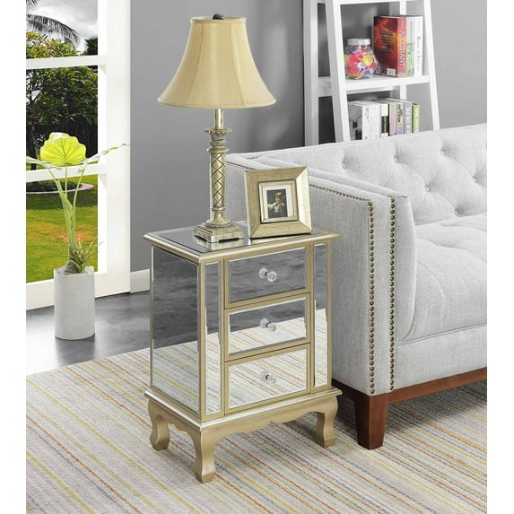 Gold Coast Vineyard 3 Drawer Mirrored End Table In White Wood and Mirrored Glass