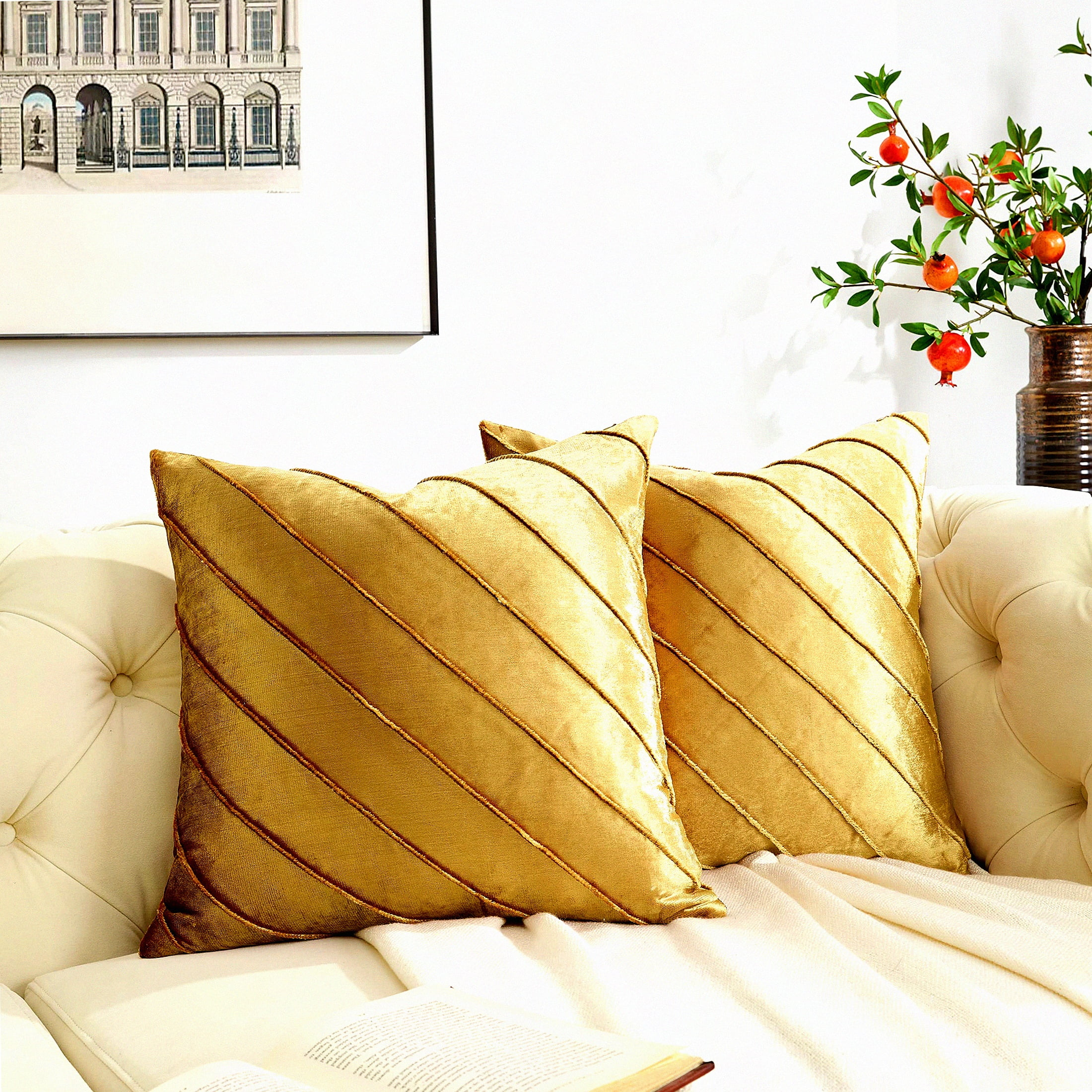Gold Stripe Velvet Cushion Covers - Set of 2 | 18x18 Sofa Throw Pillow Cases | Decorative Living Room Couch Accent Covers