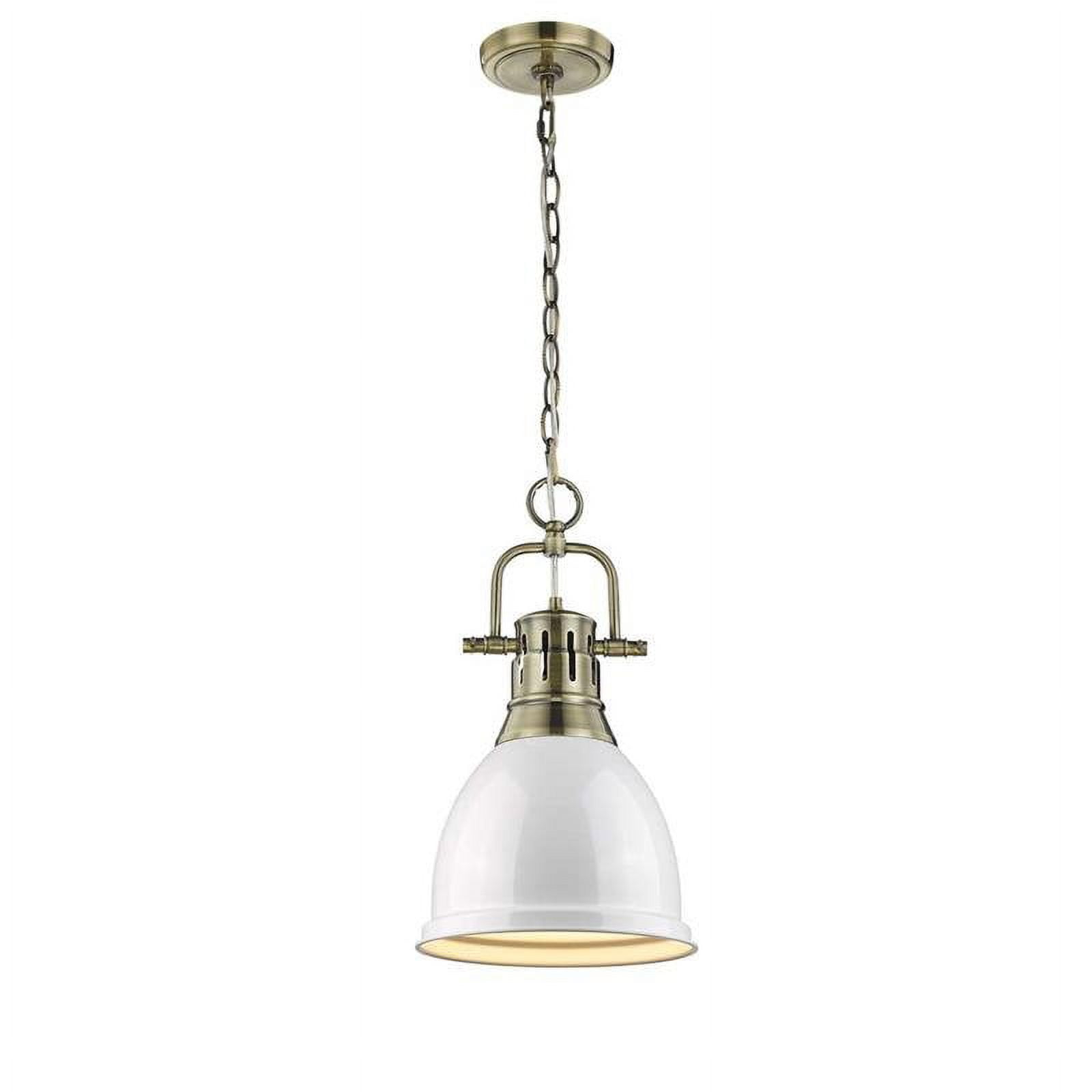 Golden Lighting Duncan 1-Light Small Pendant with Chain in Aged Brass with White