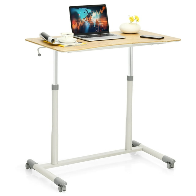 Goplus Height Adjustable Computer Desk Sit Stand Rolling Notebook Table Natural
