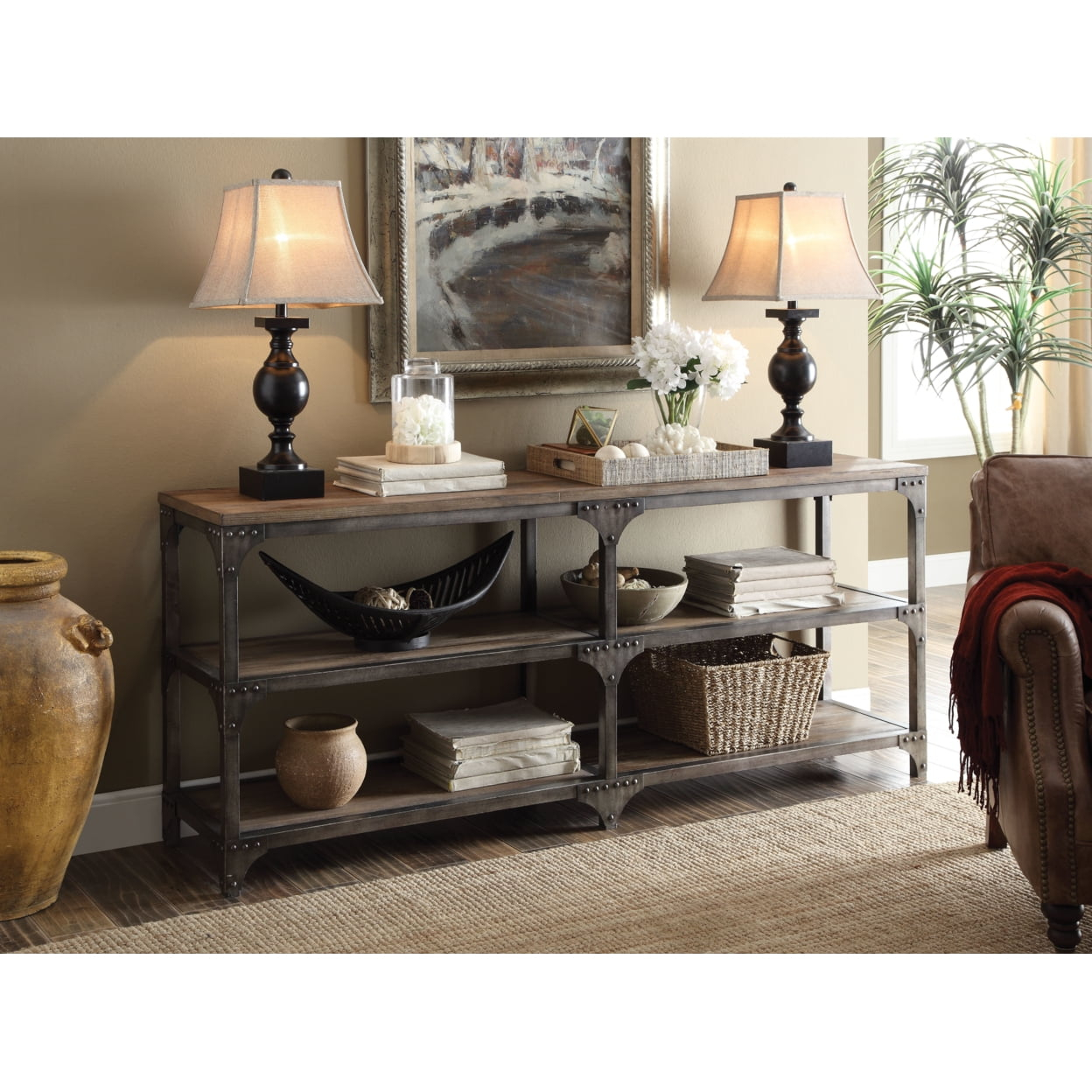 Gorden Console Table With 4 Shelves, Weathered Oak & Antique Silver- Saltoro Sherpi