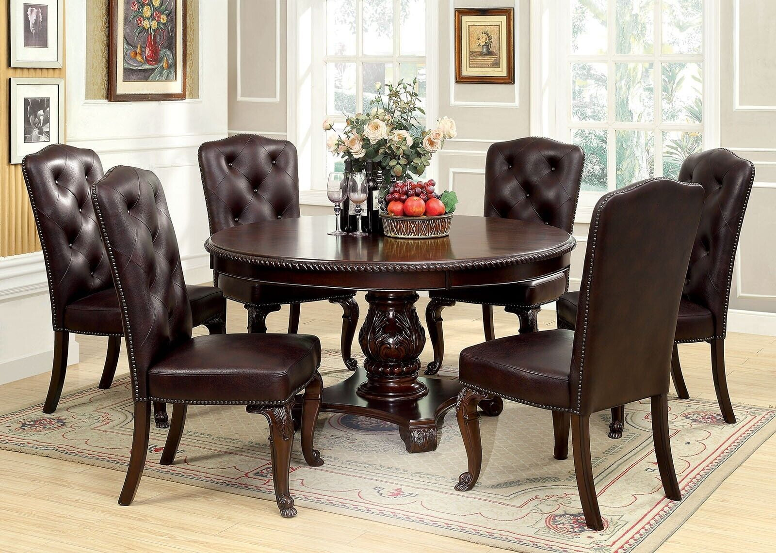 Gorgeous Formal 7pc Dining Set Brown Cherry Solid wood Round Table And 6x Side Chairs Leatherette Tufted Cushion Seat Furniture