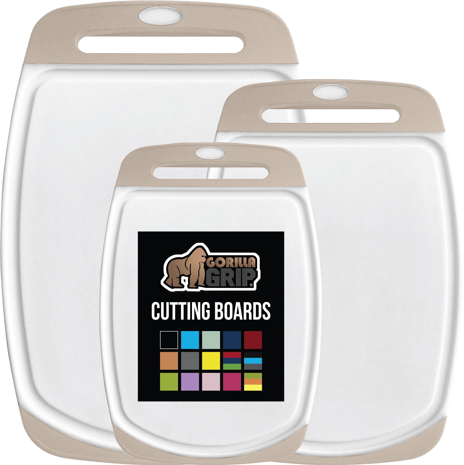 GORILLA GRIP Oversized 100% BPA Free Reversible Kitchen Cutting Board Set of 3, Juice Grooves, Dishwasher Safe, Almond