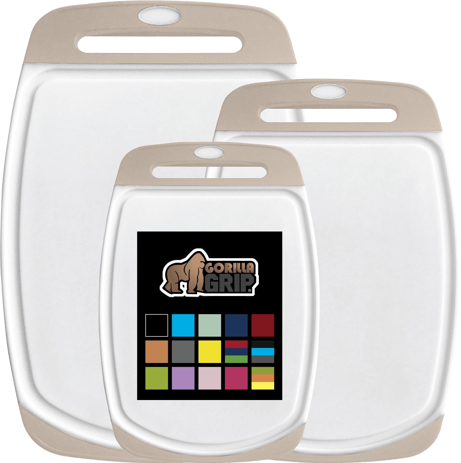 GORILLA GRIP Oversized 100% BPA Free Reversible Kitchen Cutting Board Set of 3, Juice Grooves, Dishwasher Safe, Almond