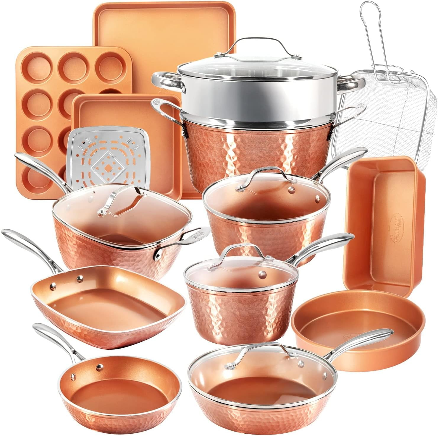 Gotham Steel Nonstick Pots and Pans 20 Pcs Kitchen Ceramic Cookware Set Bakeware Cooking Frying Skillet Sauce Pan Hammered