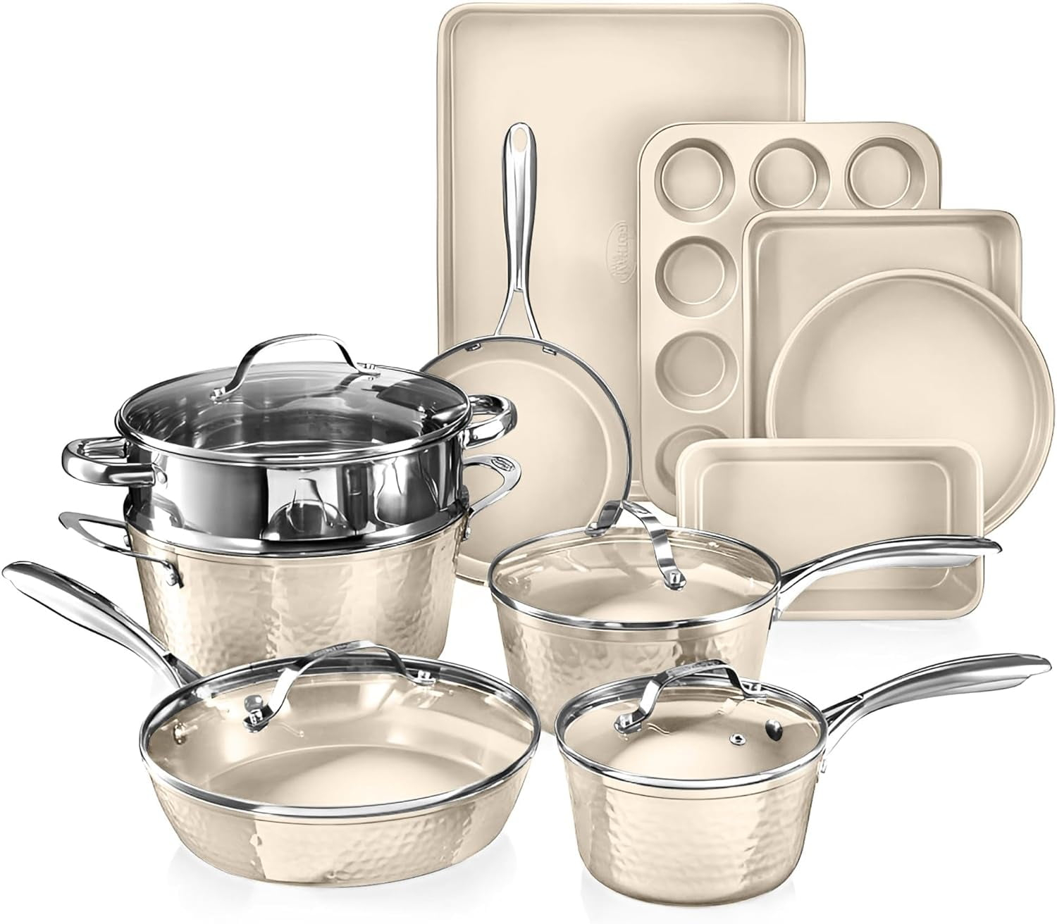 Gotham Steel Nonstick Pots and Pans 15 Piece Set Ceramic Cookware Kitchen Set Hammered Includes Frying Skillet, Cream