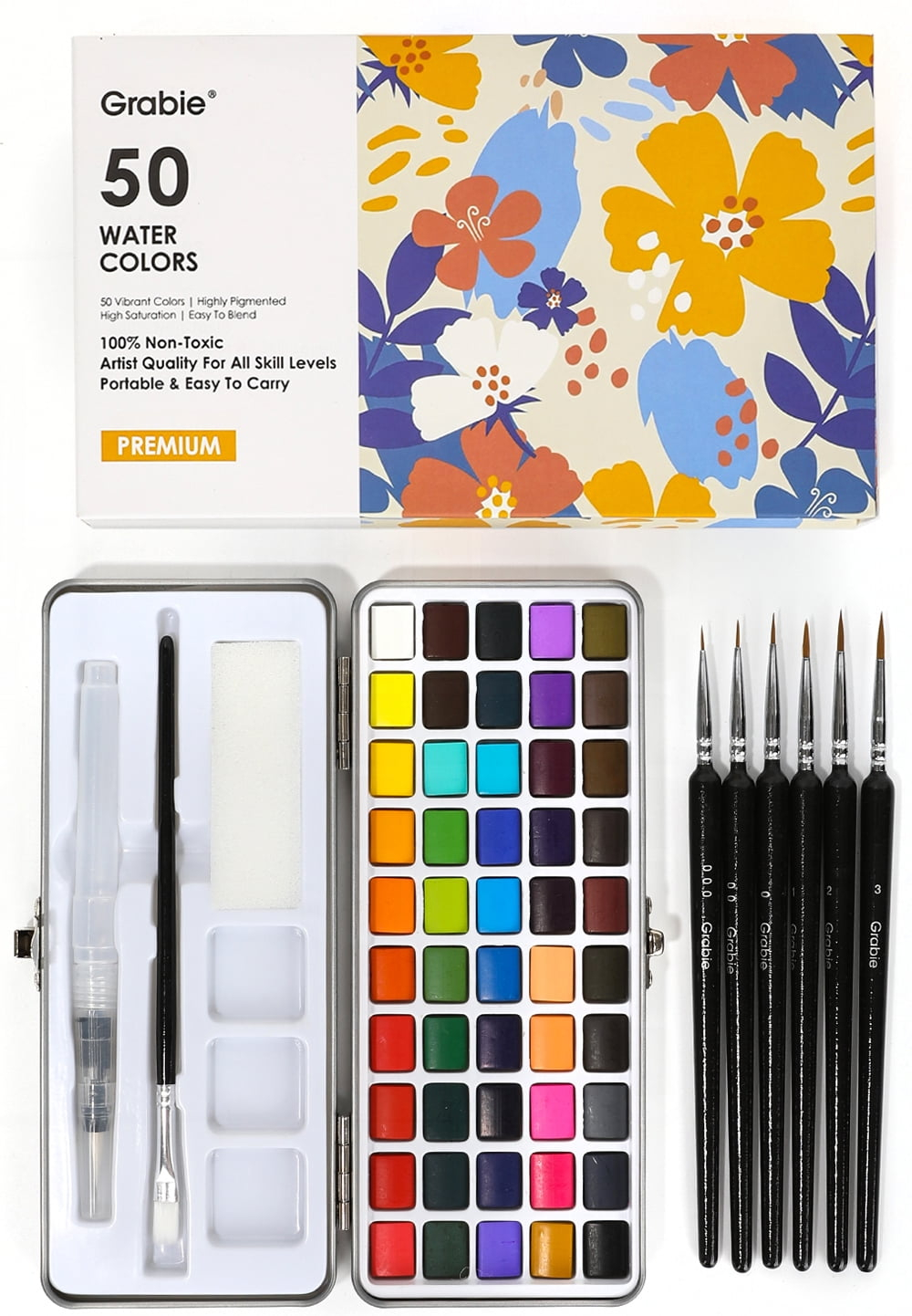 Grabie Watercolor Paint Set, 50 Colors, Detail Paint Brush Included, Art Supplies for Painting, Great Watercolor Set for Artists, Amateur Hobbyists and Painting Lovers