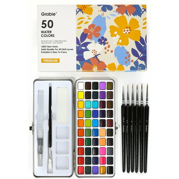 Grabie Watercolor Paint Set, 50 Colors, Detail Paint Brush Included, Art Supplies for Painting, Great Watercolor Set for Artists, Amateur Hobbyists and Painting Lovers