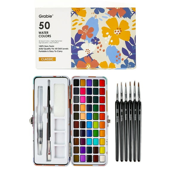Grabie 50 Colors Watercolor Paint Set, Detail Paint Brush Included, Watercolor Paints, Painting Sets, Art Supplies for Painting, Travel Watercolor Set, Amateur Hobbyists