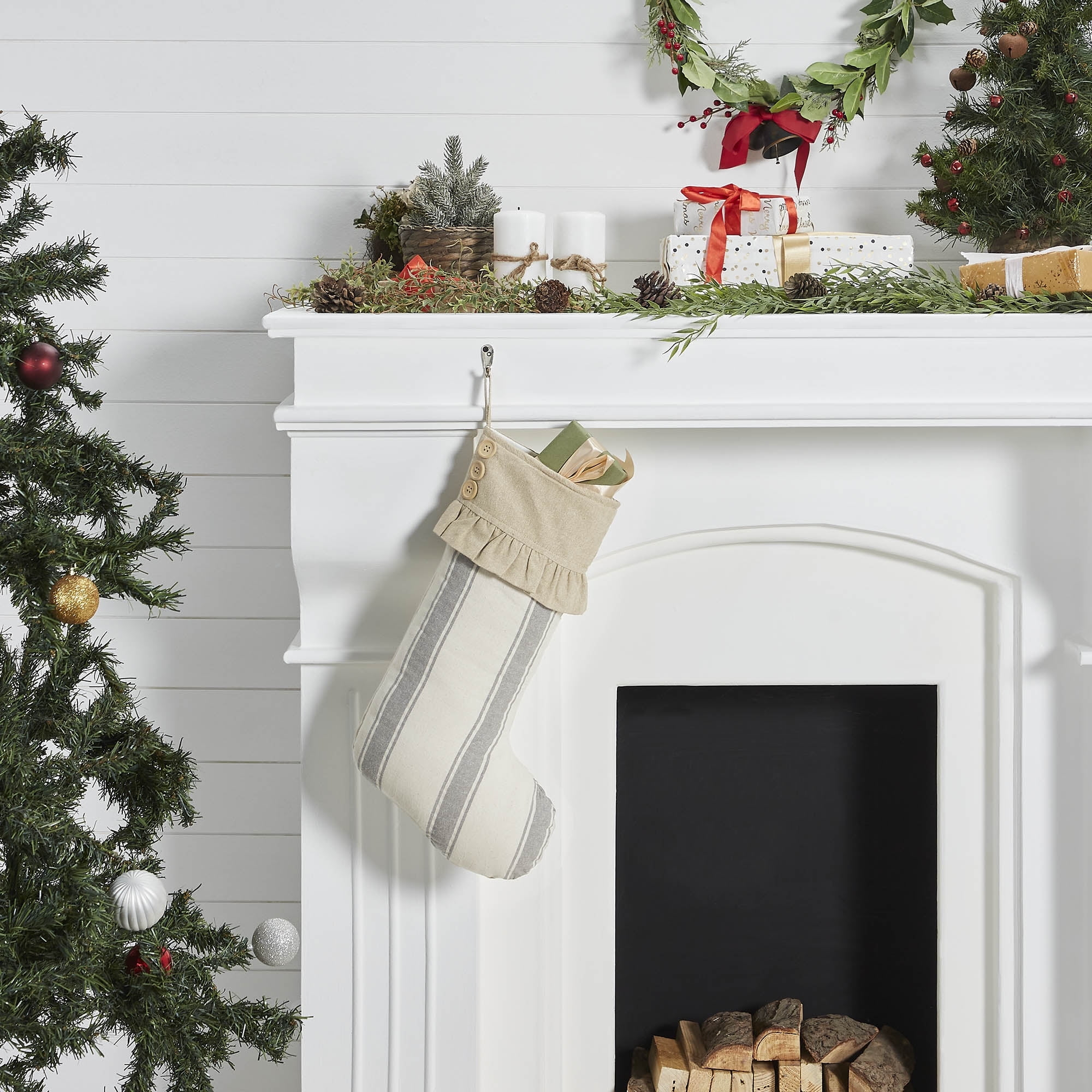 VHC Brands Grace Grain Sack Stripe Ruffled Stocking 12x20