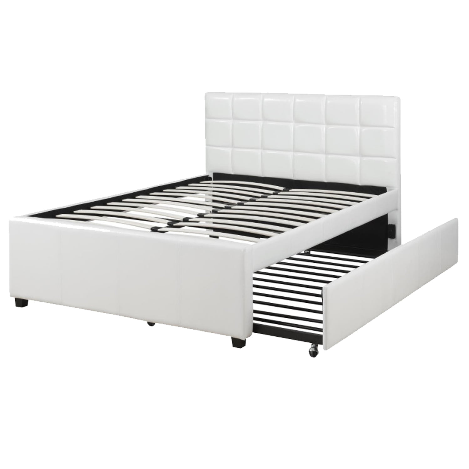 Gracious Wooden Full Bed With Trundle And SQU Tufted HB, White