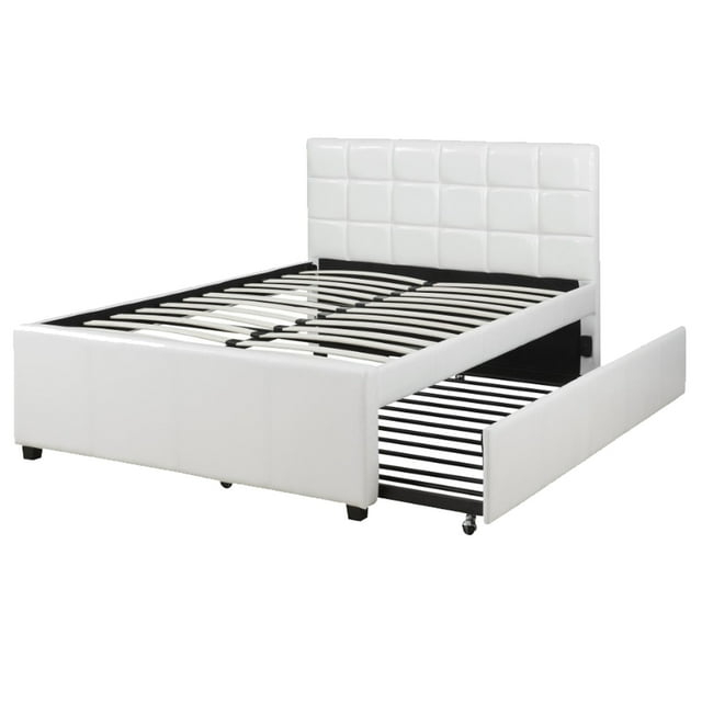 Gracious Wooden Full Bed With Trundle And SQU Tufted HB, White