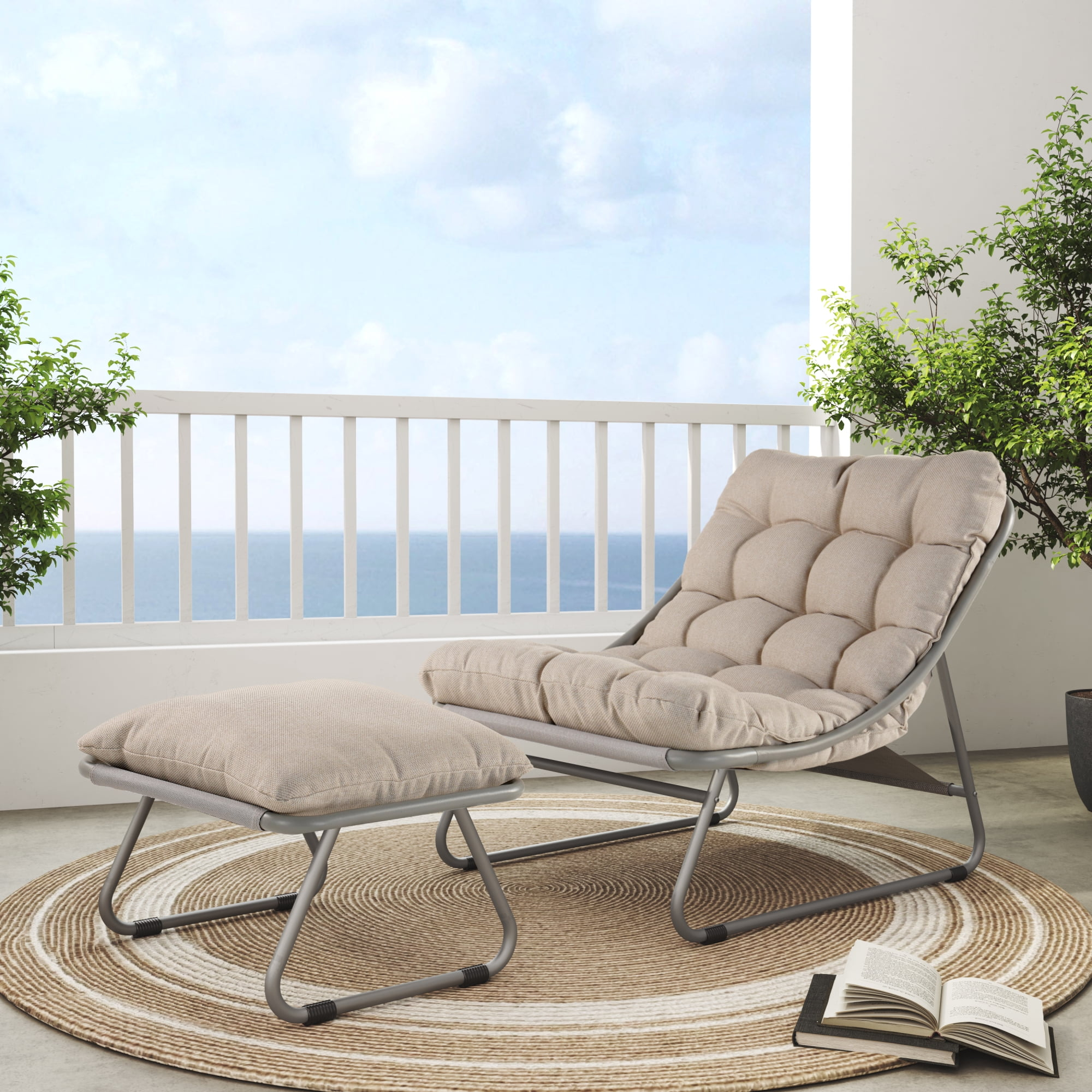 Grand Patio Outdoor Lounge Chair with Ottoman, Comfy Sling Recliner Chair with Puffy Cushion, Samba Modern Steel Patio Furniture Set for Porch Deck Garden Living Room, Champagne Gray