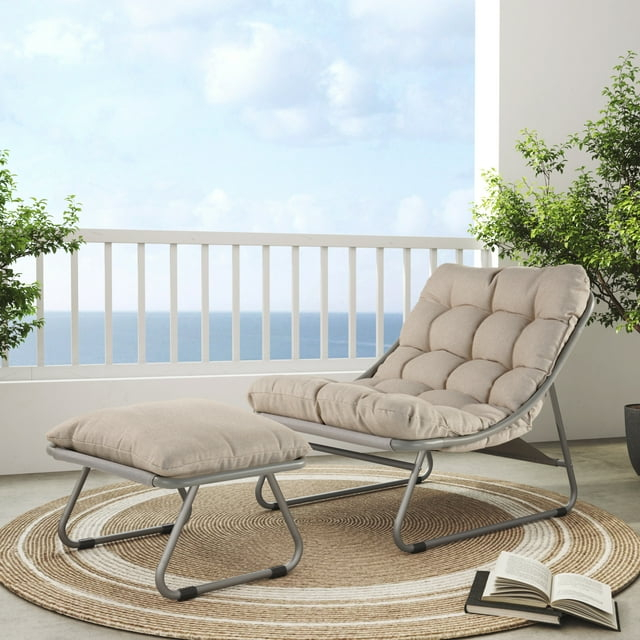 Grand Patio Outdoor Lounge Chair with Ottoman, Comfy Sling Recliner Chair with Puffy Cushion, Samba Modern Steel Patio Furniture Set for Porch Deck Garden Living Room, Champagne Gray