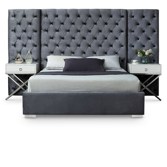 Grande Grey Velvet Queen Bed-Color:Grey Velvet,Style:Contemporary