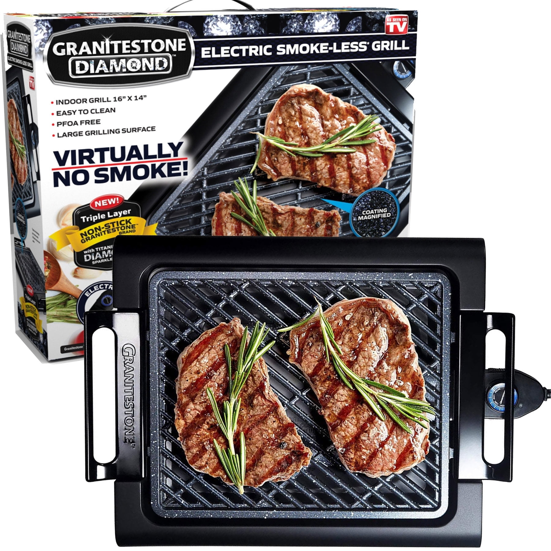 Granite Stone Indoor Nonstick Electric Smoke-Less Grill with Cool-Touch Handles and Adjustable Temperature Dial – Black, 16" x 14”