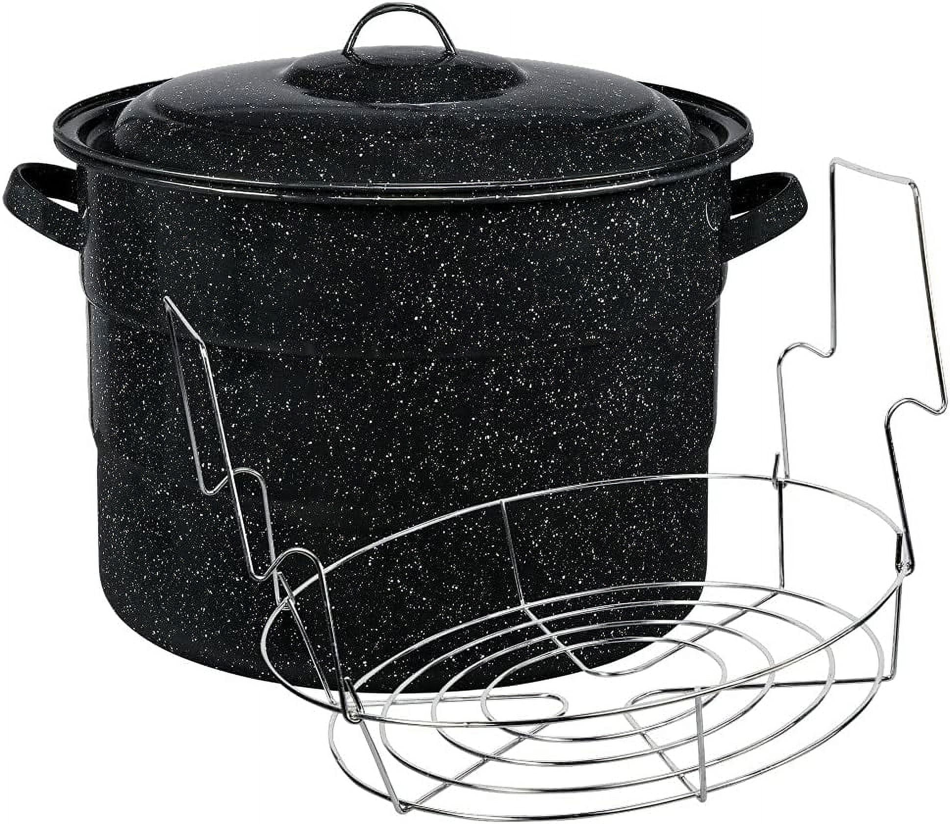 Granite Ware Canning Pot with Rack & Lid - 21 Quart Large Boiling Water Canning Set for Jar Sterilization & Pickling on Stove/Open Flame – Scratch-Resistant Porcelain Enamel & Steel Core (Black)