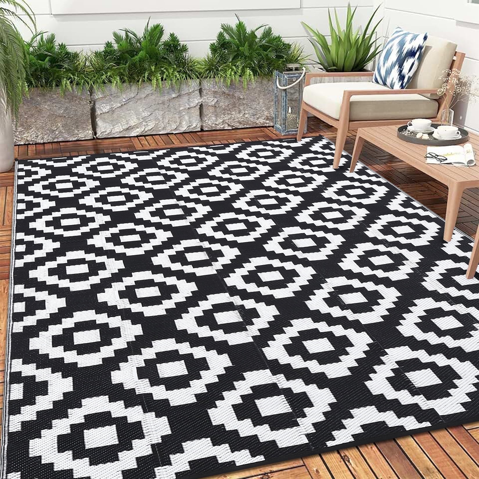 Garvee Waterproof Outdoor Rug 9'x12' Reversible Plastic Patio Rugs, Portable Modern Abstract Indoor Outdoor Carpet for Camping, Balcony, Deck, Backyard, Black & White, with Storage Bag