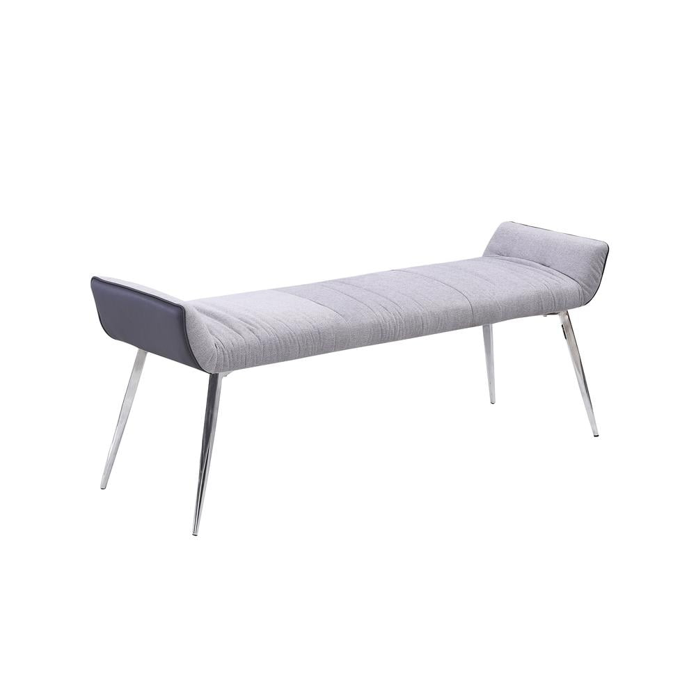 Gray Linen Fabric Bench with Black Faux Leather Underneath