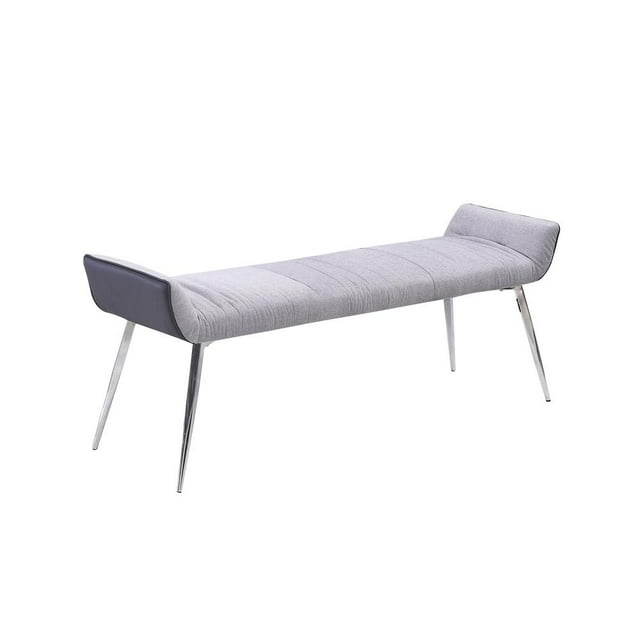 Gray Linen Fabric Bench with Black Faux Leather Underneath