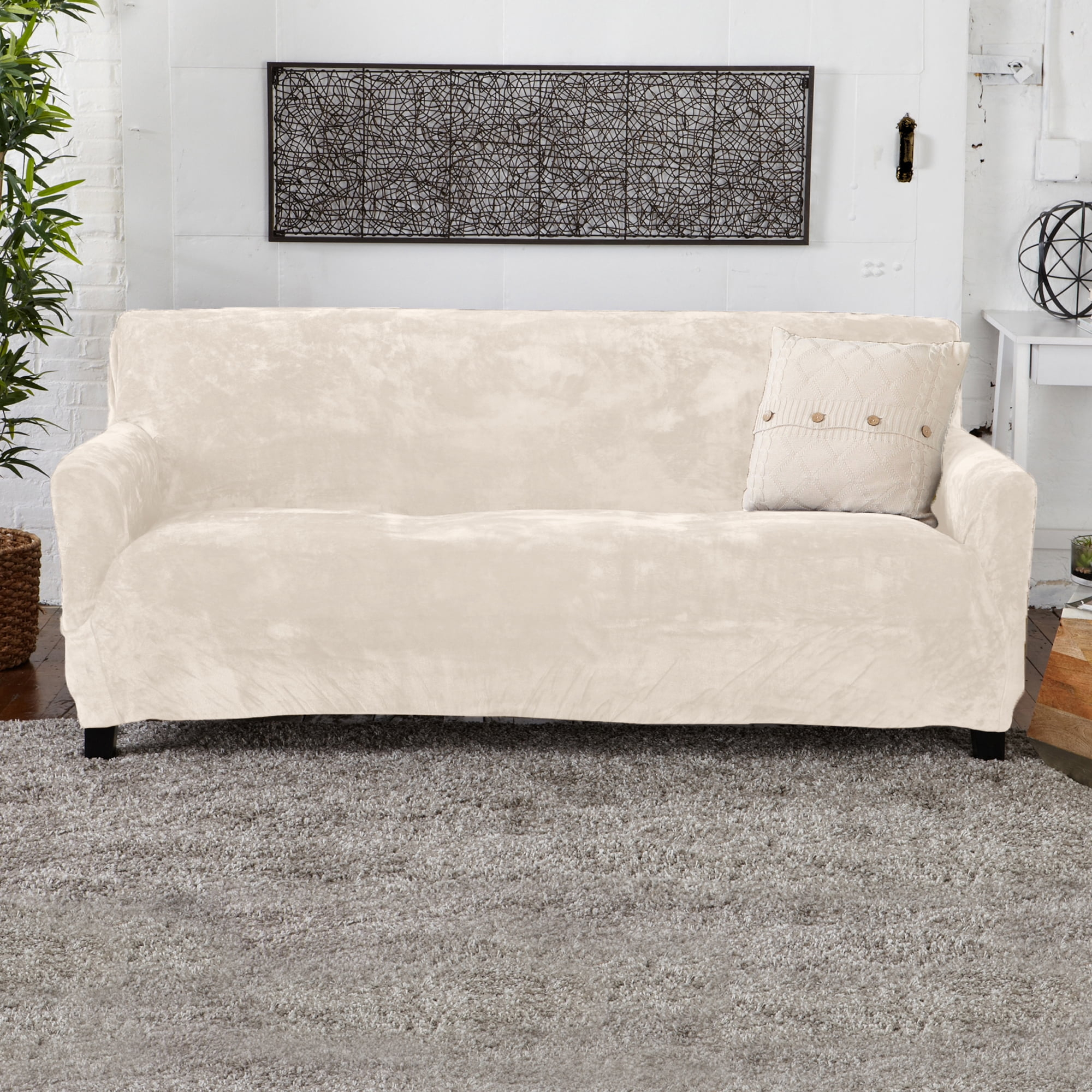 Great Bay Home 1-Piece Velvet Plush Solid Sofa Stretch Slipcover, White