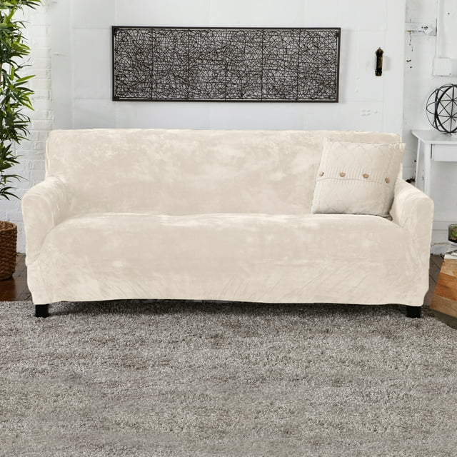 Great Bay Home 1-Piece Velvet Plush Solid Sofa Stretch Slipcover, White